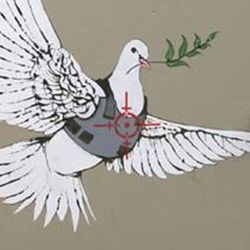 Banksy, Armoured Peace Dove. This wall marks the spot where over 40 people were killed during the first Intafada (holes along the top are from bullets).
